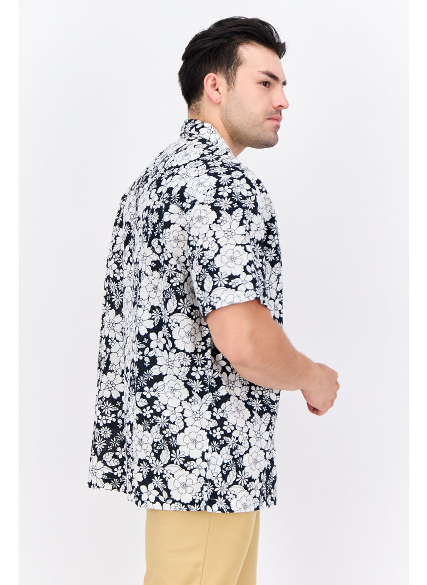 Men Regular Fit Floral Print Short Sleeves Casual Shirt, Black