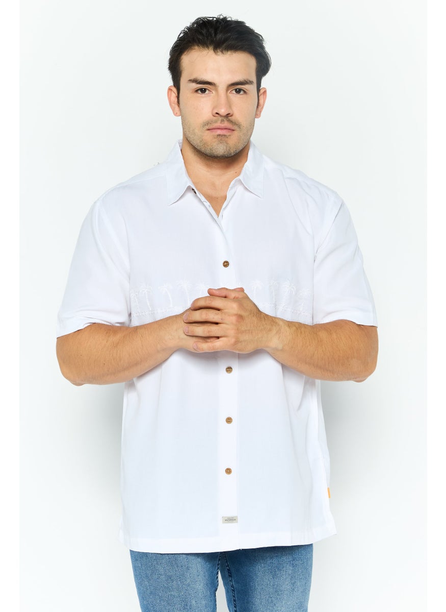 Men Comfort Fit Embroidered Short Sleeves Casual Shirt, White