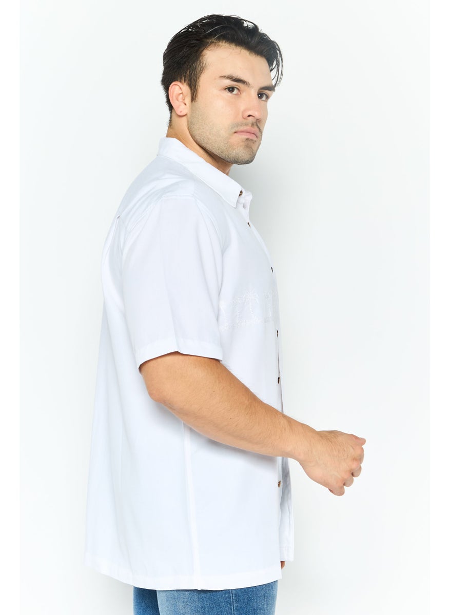 Men Comfort Fit Embroidered Short Sleeves Casual Shirt, White