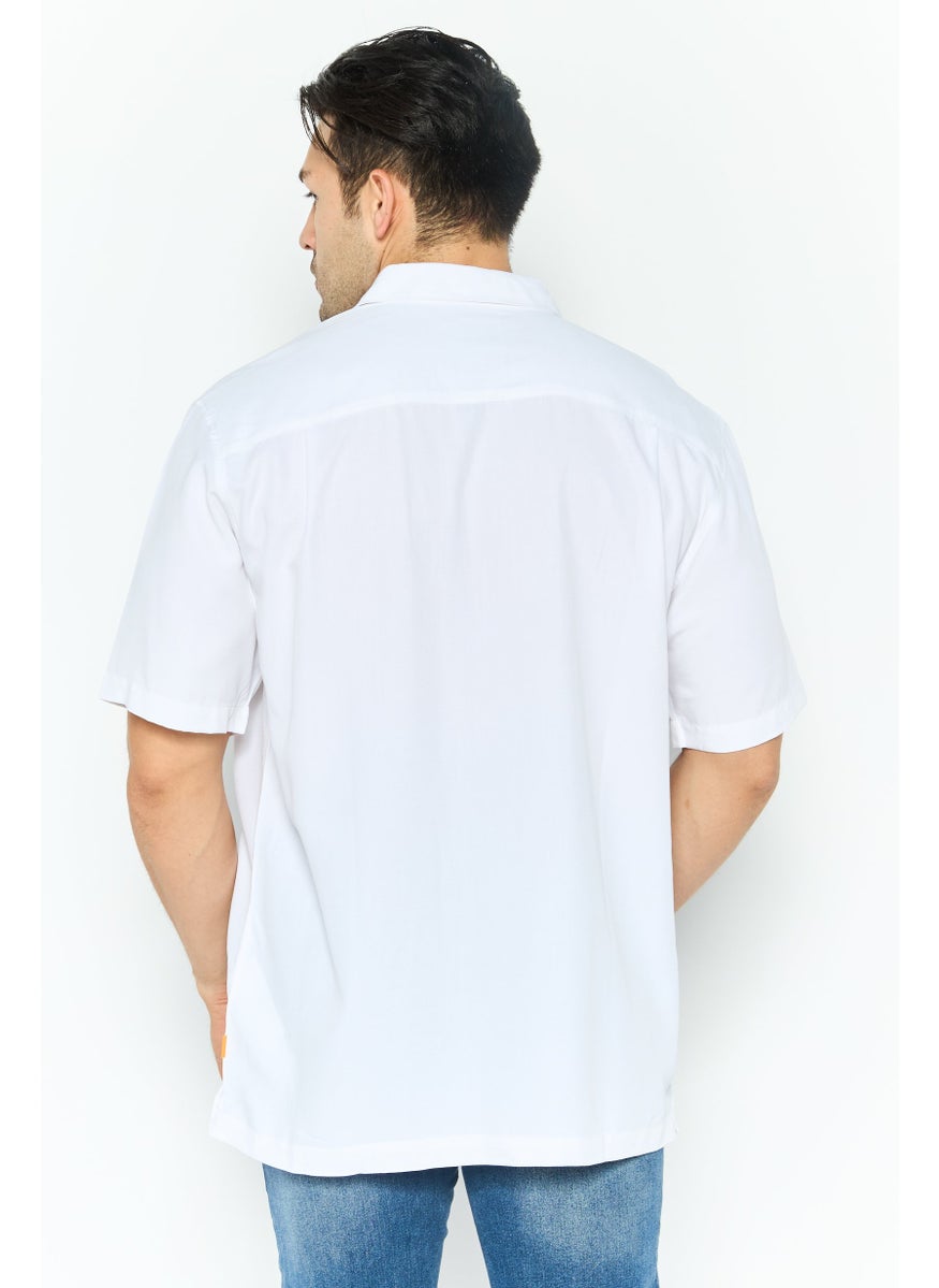Men Comfort Fit Embroidered Short Sleeves Casual Shirt, White