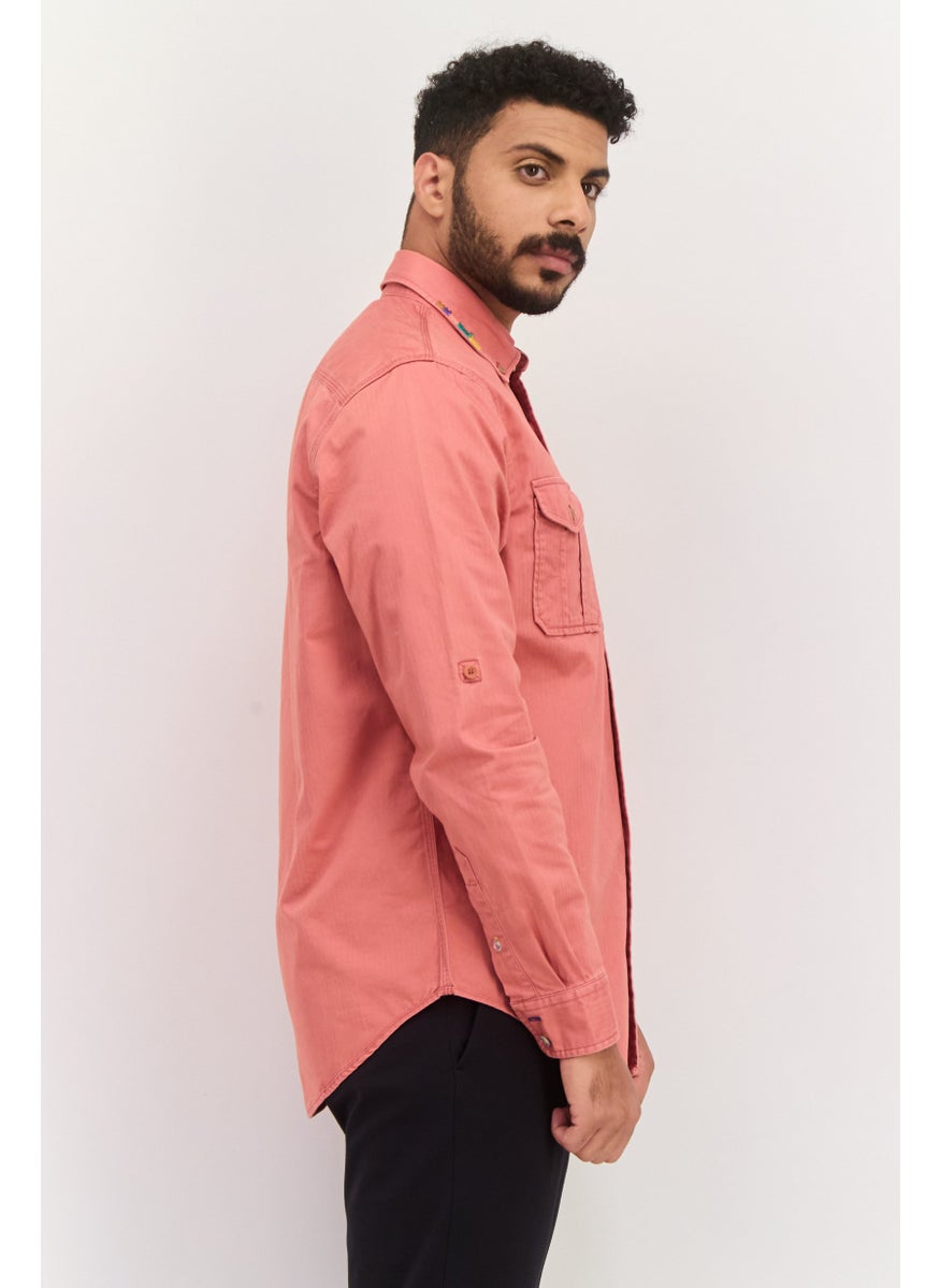 Men Regular Fit Embroidered Logo Long Sleeve Casual Shirt, Coral