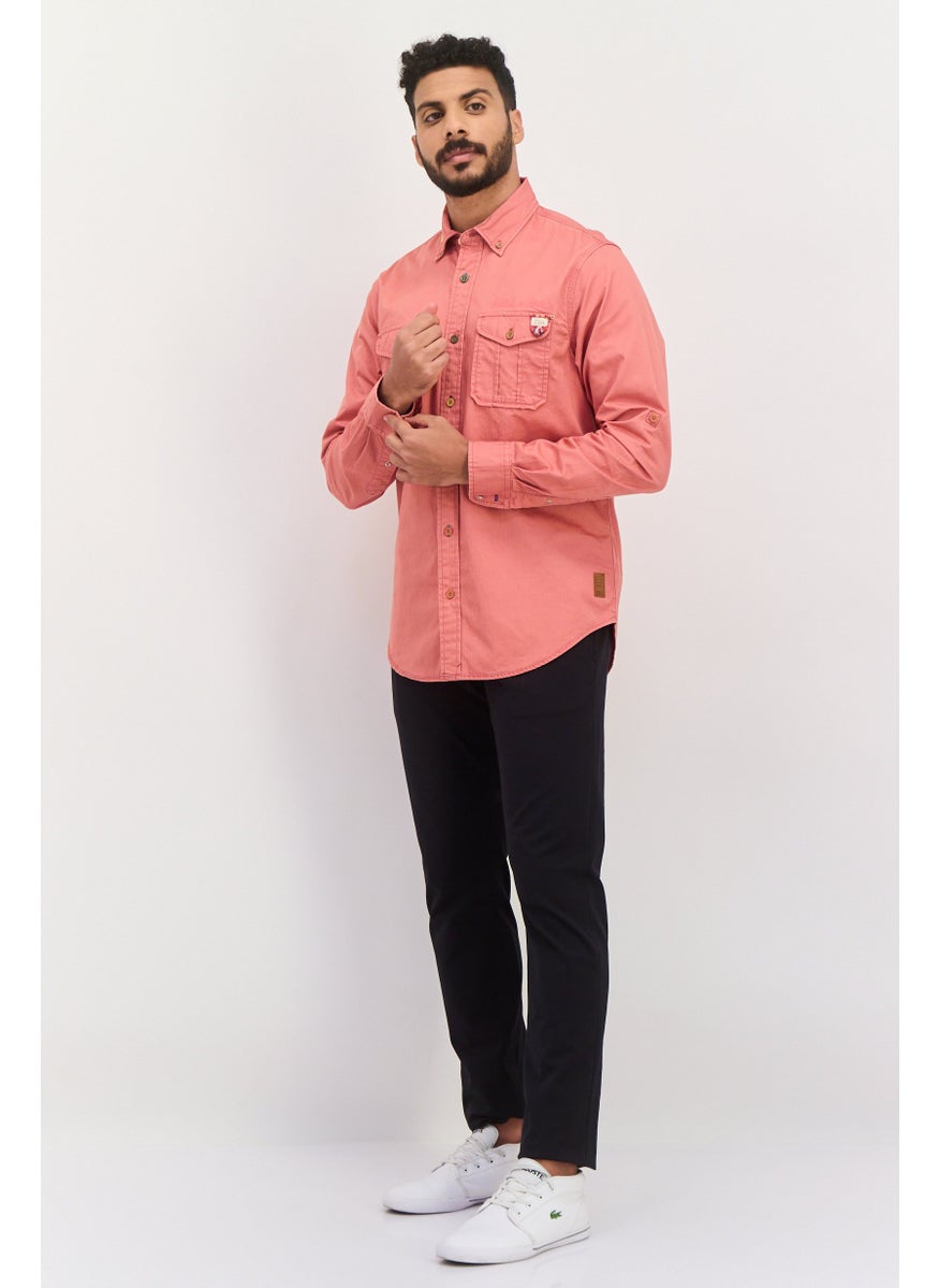 Men Regular Fit Embroidered Logo Long Sleeve Casual Shirt, Coral