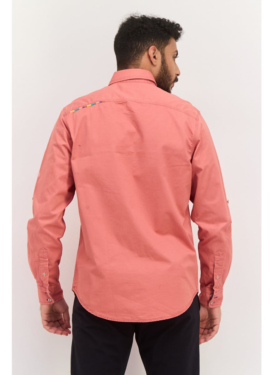 Men Regular Fit Embroidered Logo Long Sleeve Casual Shirt, Coral