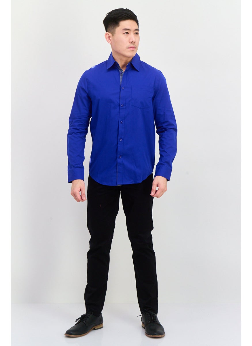 Men Regular Fit Plain Long Sleeve Casual Shirts, Royal Blue