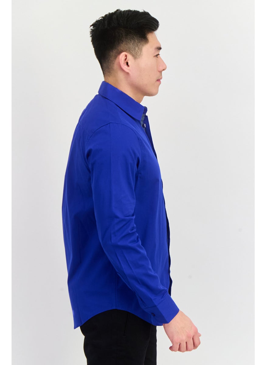 Men Regular Fit Plain Long Sleeve Casual Shirts, Royal Blue