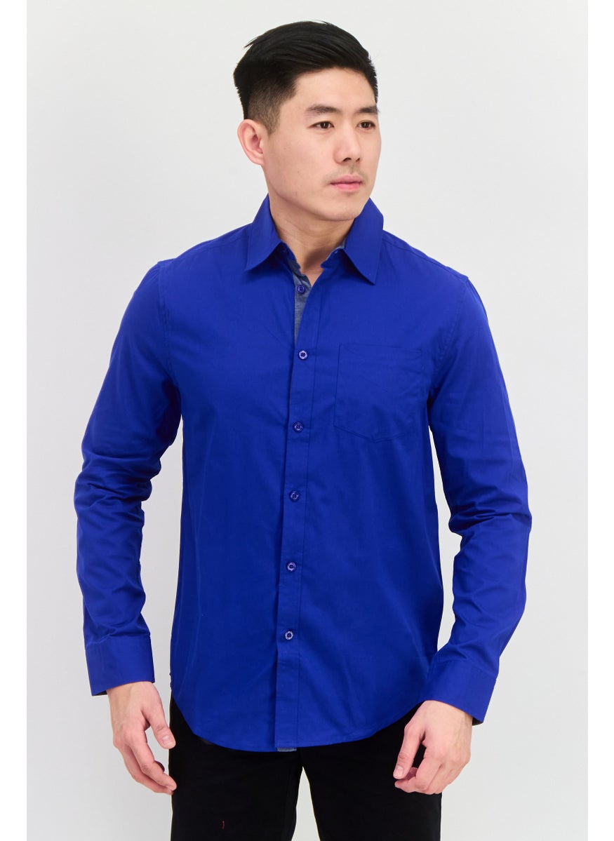 Men Regular Fit Plain Long Sleeve Casual Shirts, Royal Blue