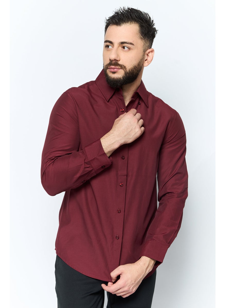 Men Slim Fit Plain Long Sleeves Dress Shirt, Maroon