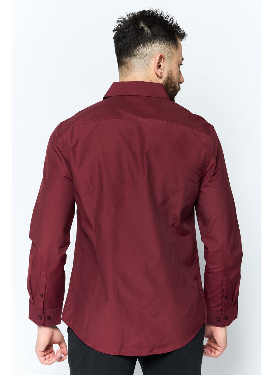 Men Slim Fit Plain Long Sleeves Dress Shirt, Maroon