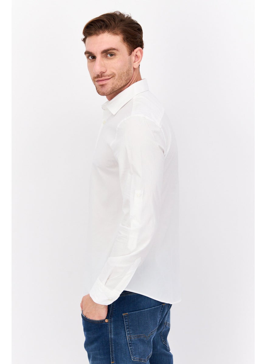 Men Stretch Fit Long Sleeve Plain Casual Shirt, White