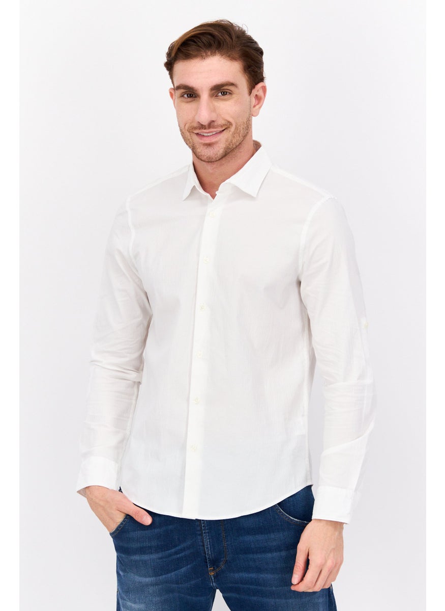 Men Stretch Fit Long Sleeve Plain Casual Shirt, White