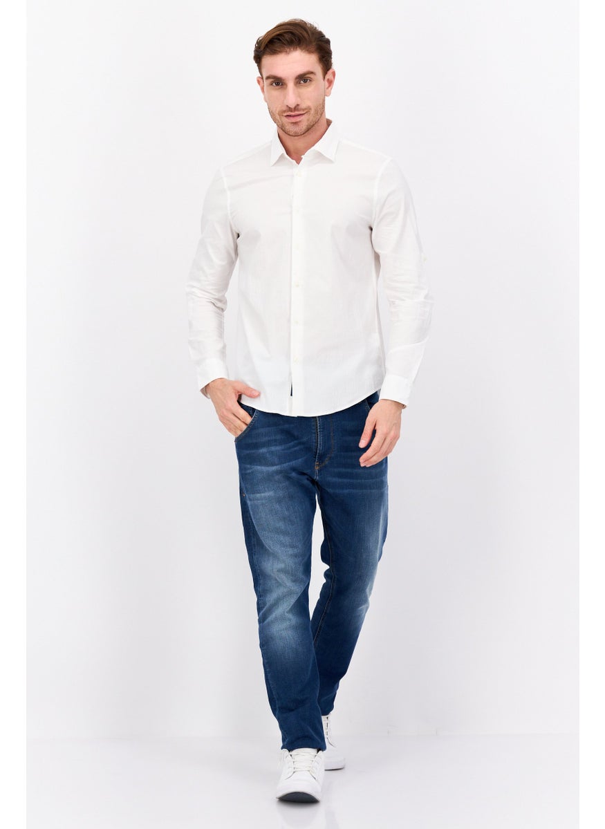 Men Stretch Fit Long Sleeve Plain Casual Shirt, White