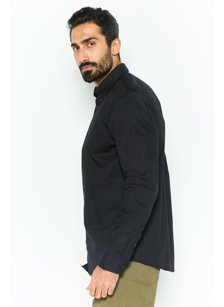 Men Regular Fit Plain Long Sleeves Casual Shirt, Black