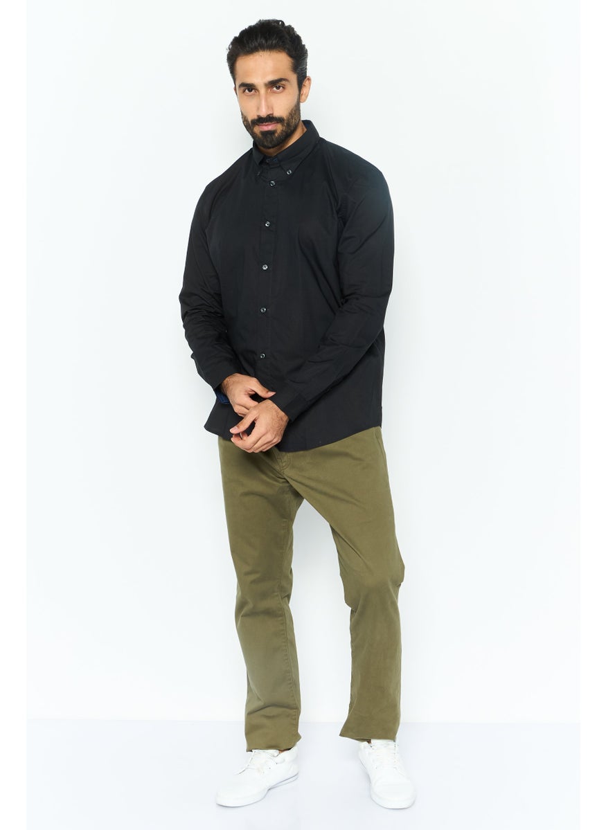 Men Regular Fit Plain Long Sleeves Casual Shirt, Black