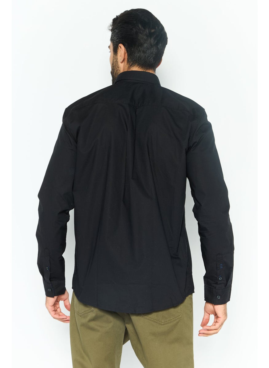 Men Regular Fit Plain Long Sleeves Casual Shirt, Black