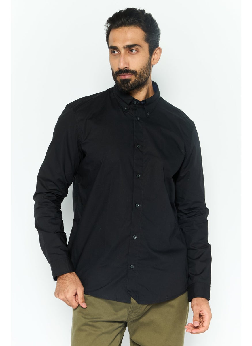 Men Regular Fit Plain Long Sleeves Casual Shirt, Black