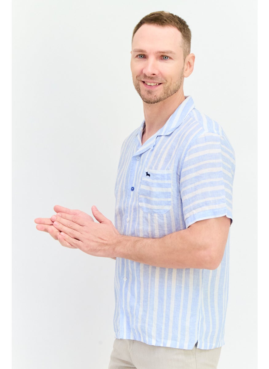 Men Regular Fit Striped Short Sleeves Casual Shirt, White