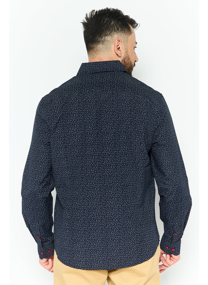 Men Slim Fit Allover Print Long Sleeves Dress Shirt, Navy combo