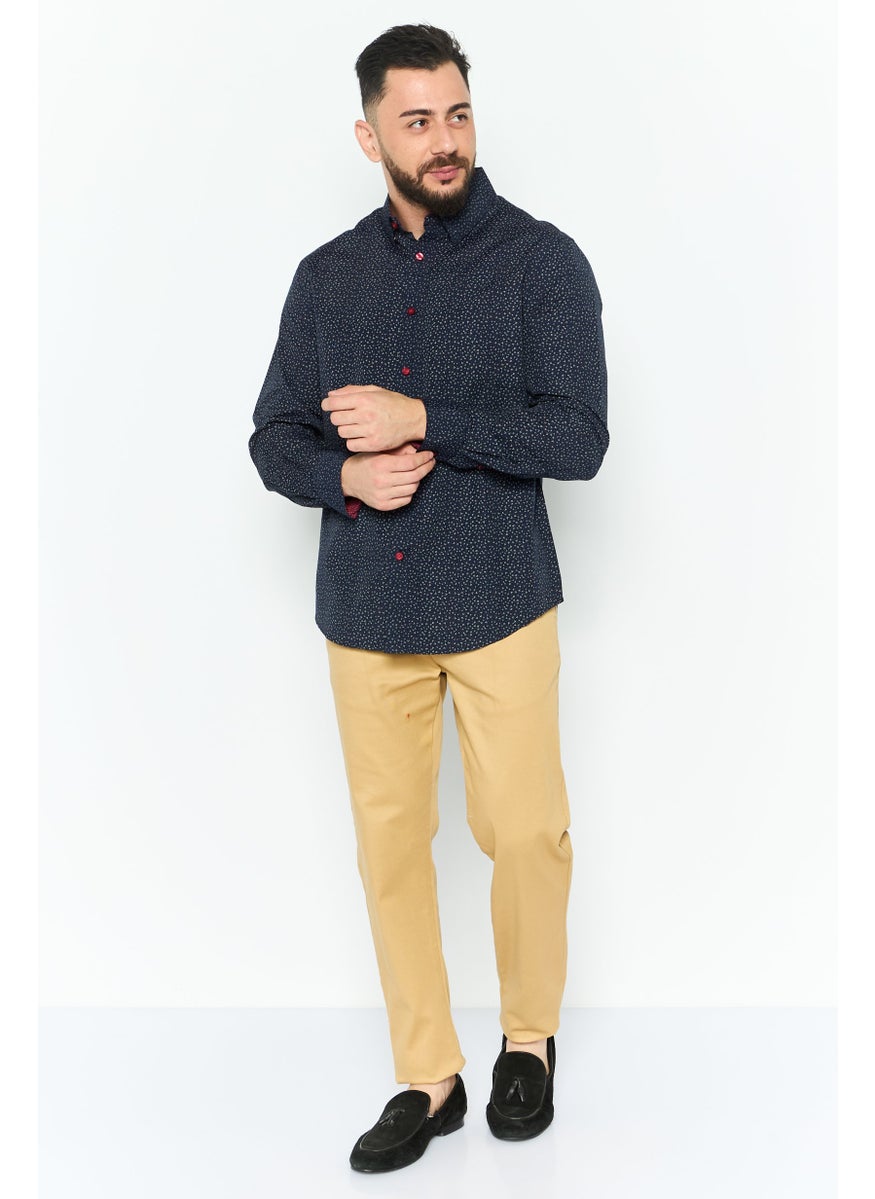 Men Slim Fit Allover Print Long Sleeves Dress Shirt, Navy combo