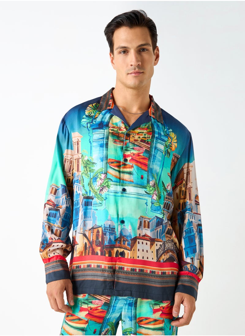 Iconic Regular Fit Printed Shirt with Camp Collar and Long Sleeves