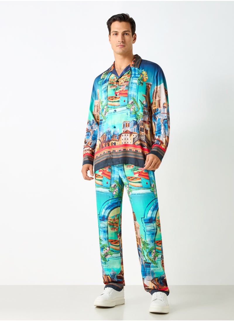 Iconic Regular Fit Printed Shirt with Camp Collar and Long Sleeves