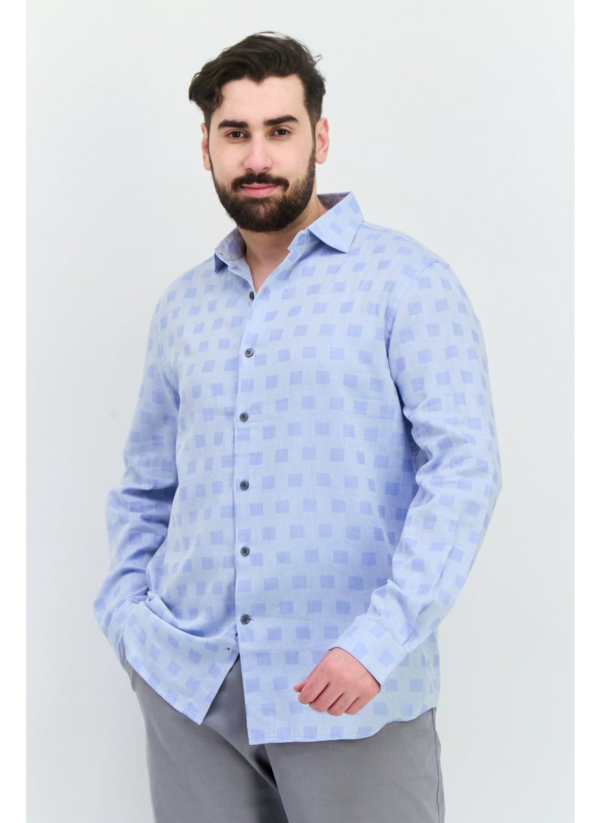 Men Regular Fit Checkered Long Sleeves Casual Shirt, Light Blue