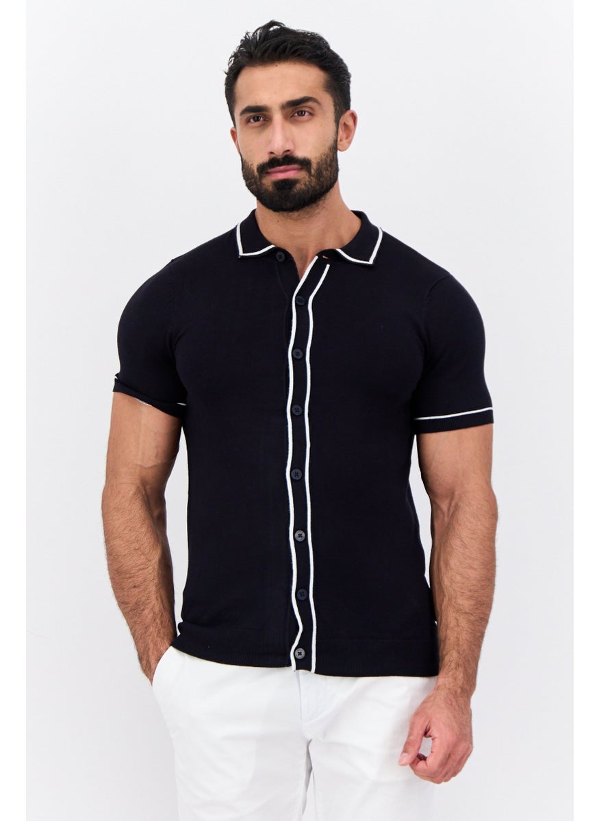 Men Regular Fit Short Sleeves Knitted Casual Shirt, Navy