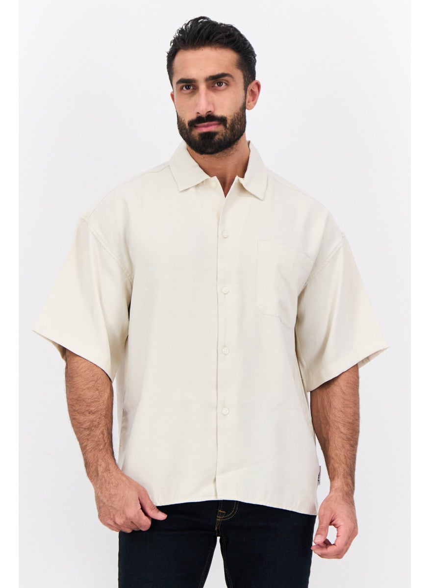 Men Regular Fit Solid Short Sleeves Casual Shirt, Butter Cream