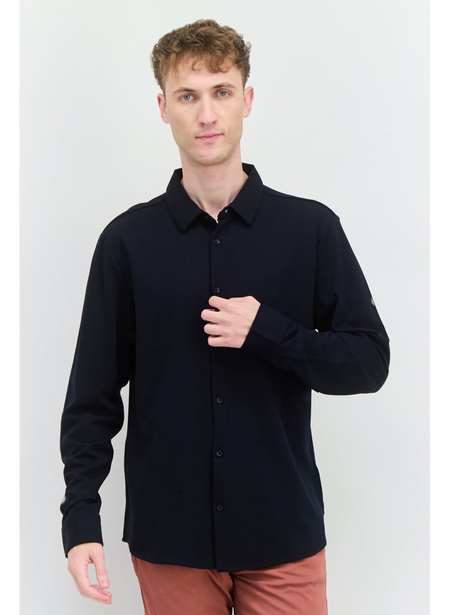 Men Regular Fit Plain Long Sleeves Casual Shirt, Navy Blue