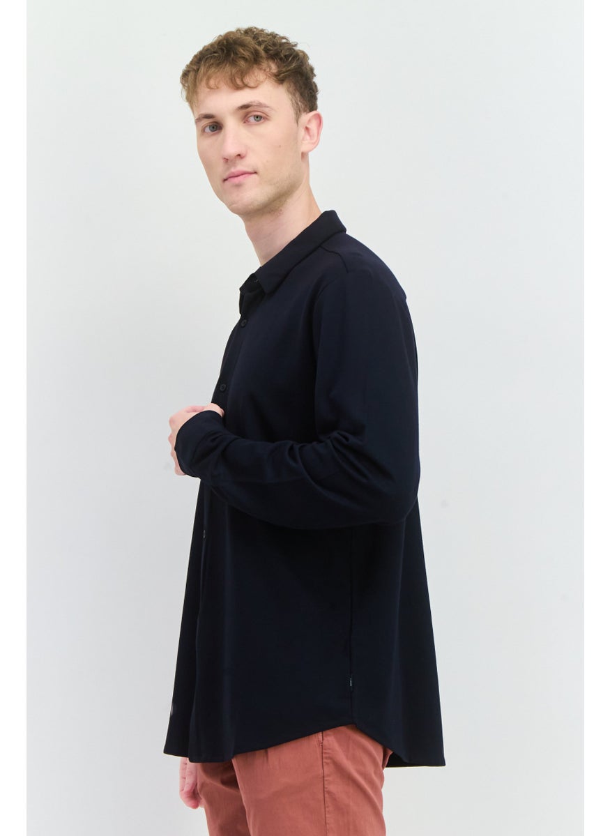 Men Regular Fit Plain Long Sleeves Casual Shirt, Navy Blue