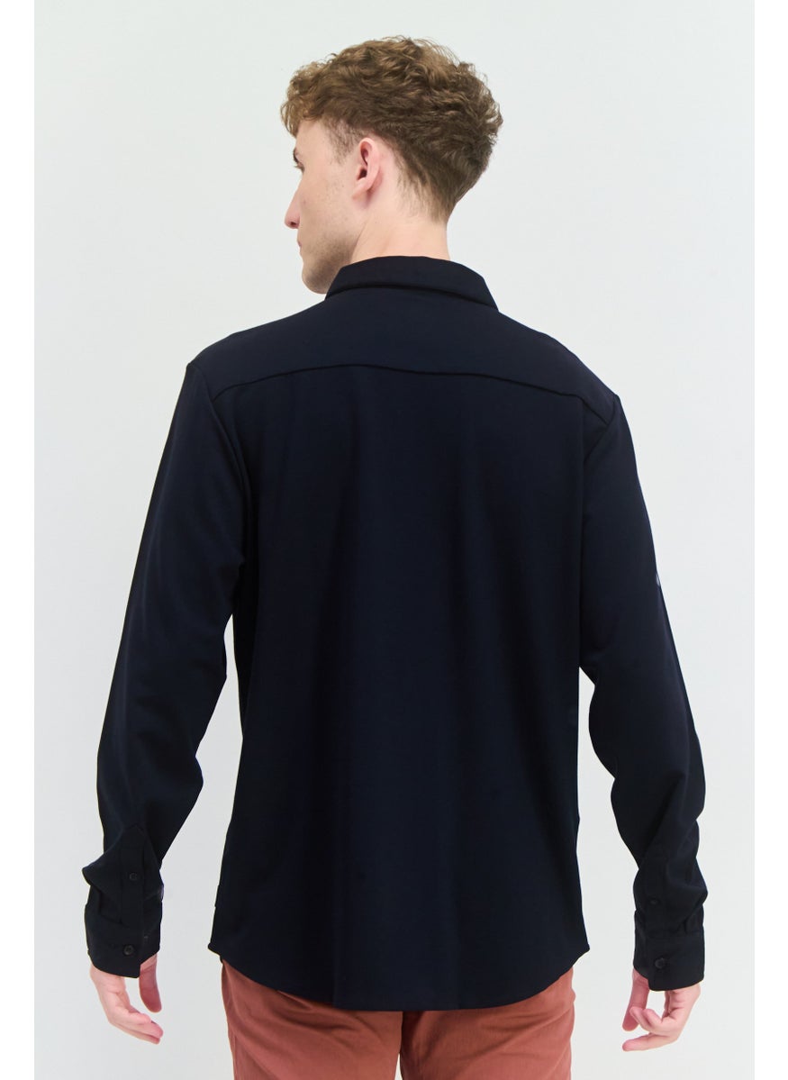 Men Regular Fit Plain Long Sleeves Casual Shirt, Navy Blue