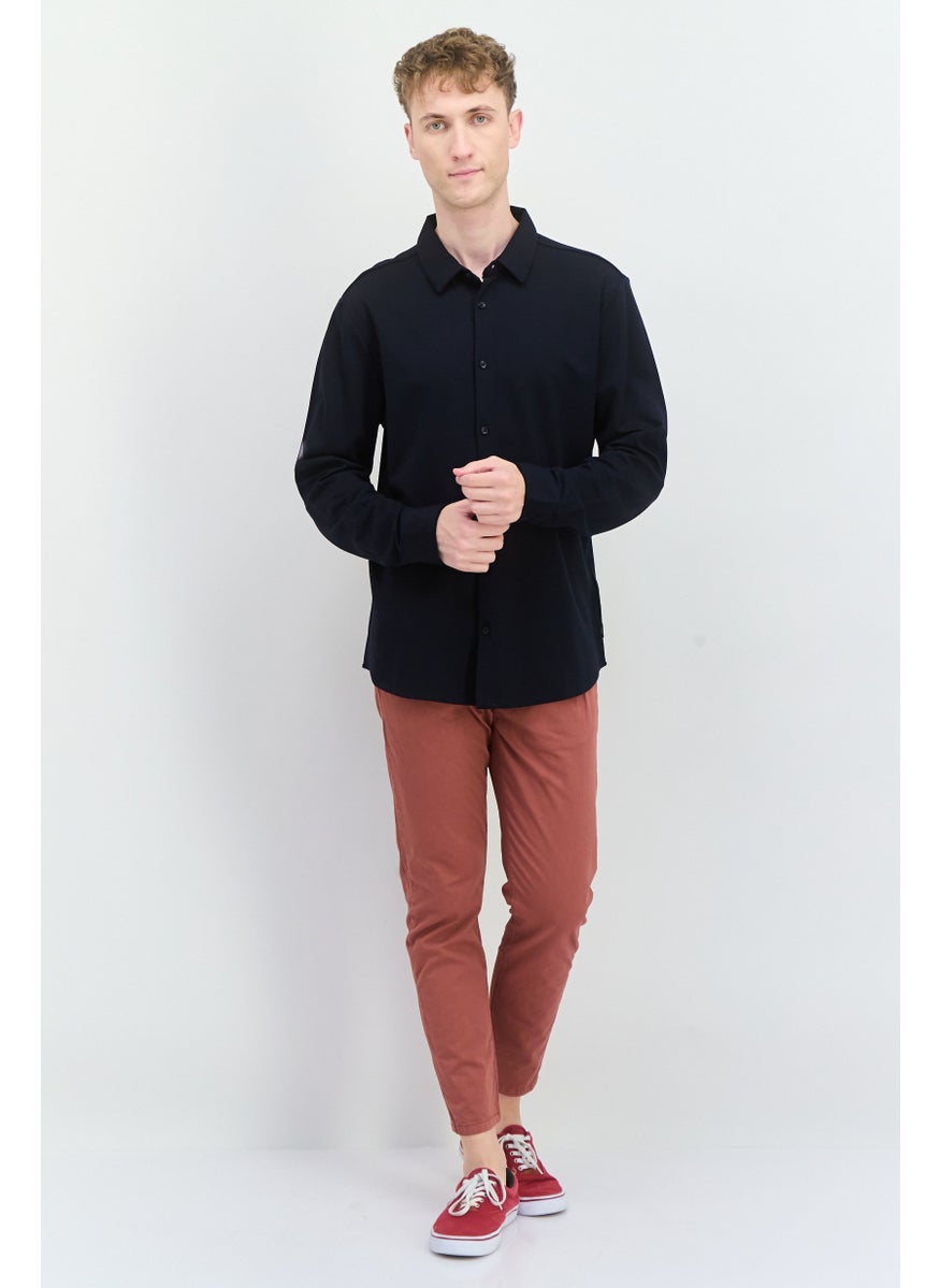 Men Regular Fit Plain Long Sleeves Casual Shirt, Navy Blue