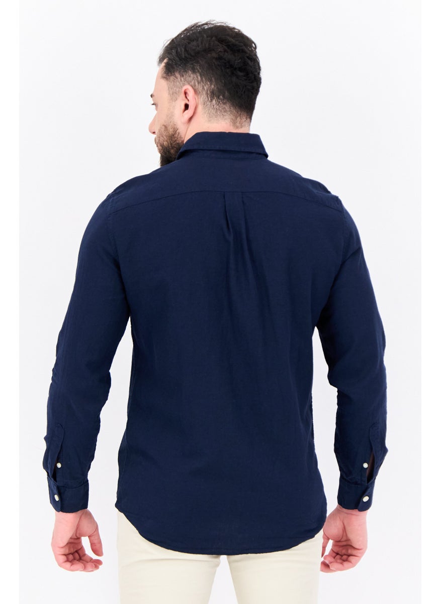 Men Regular Fit Plain Long Sleeves Casual Shirt, Navy