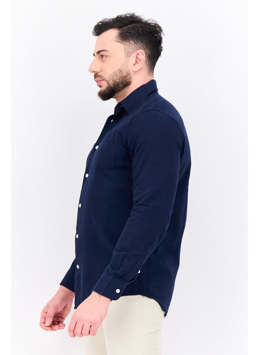 Men Regular Fit Plain Long Sleeves Casual Shirt, Navy