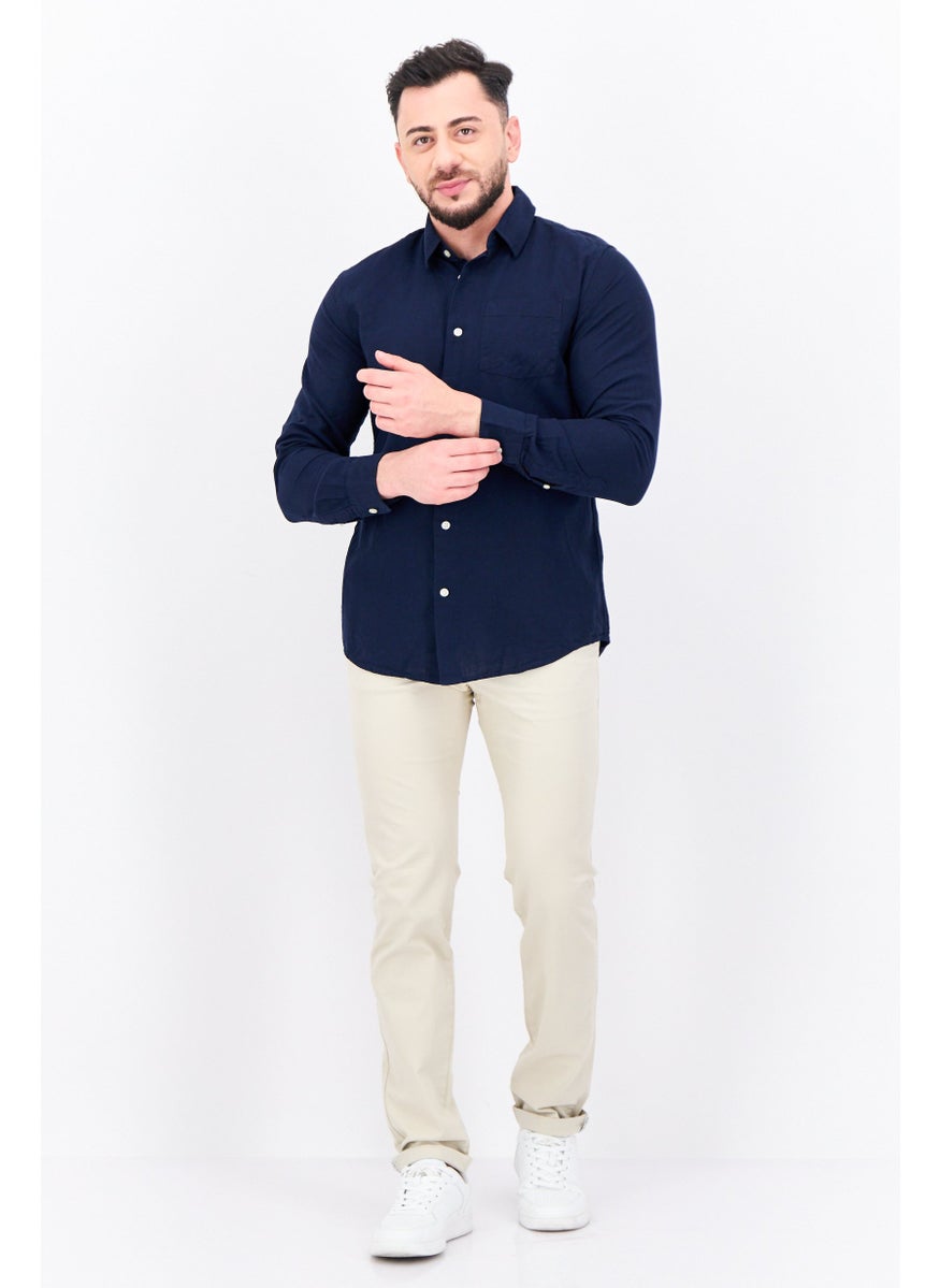 Men Regular Fit Plain Long Sleeves Casual Shirt, Navy