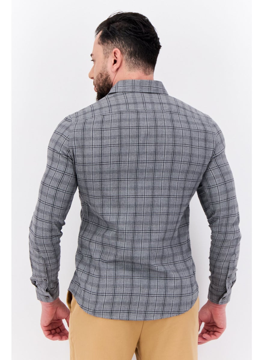 Men Slim Fit Plaid Long Sleeves Louis Casual Shirt, Grey