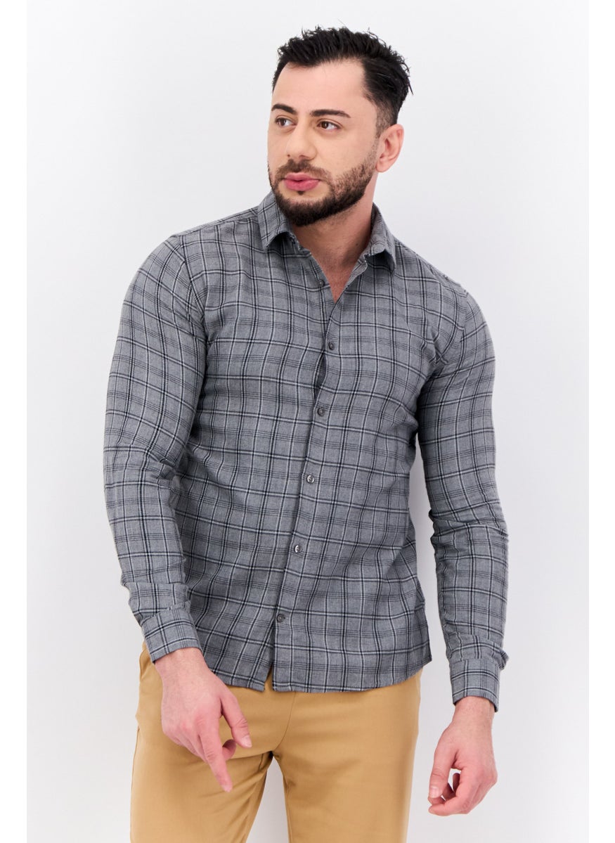 Men Slim Fit Plaid Long Sleeves Louis Casual Shirt, Grey