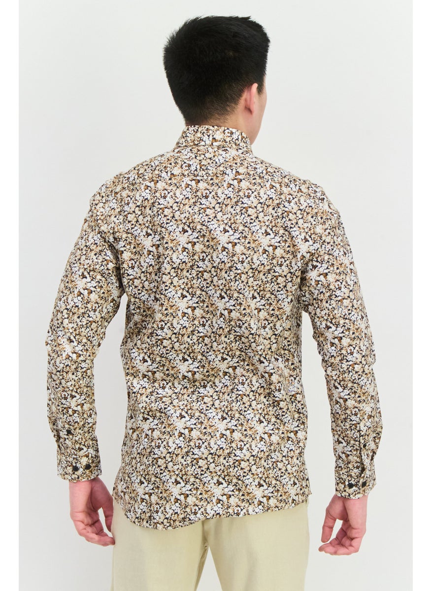 Men Slim Fit Long Sleeves Allover Print Casual Shirt, Beige