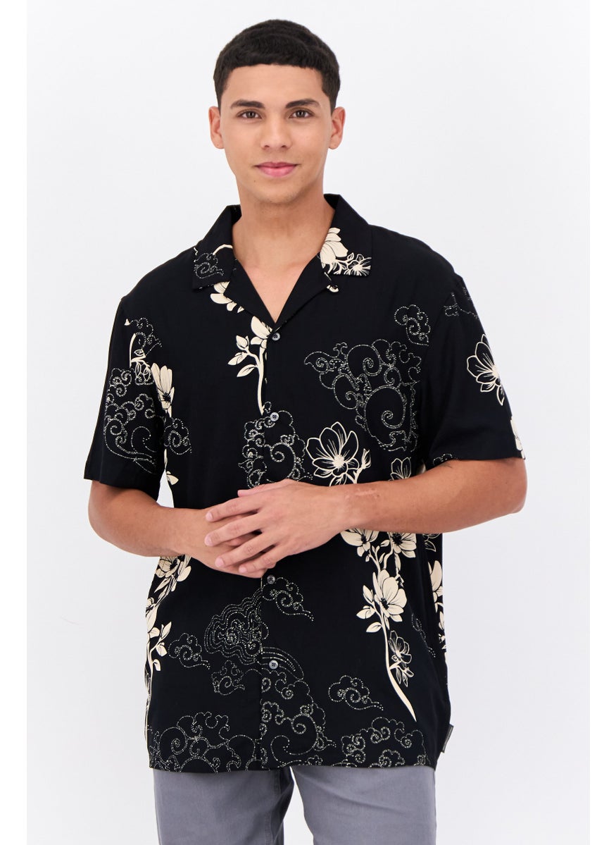 Men Regular Fit Floral Print Short Sleeve Casual Shirt, Black