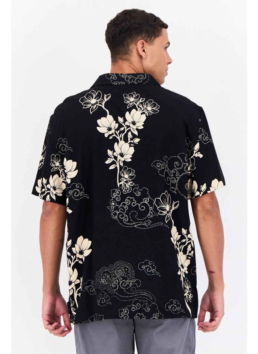 Men Regular Fit Floral Print Short Sleeve Casual Shirt, Black