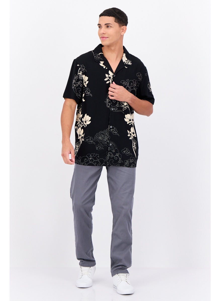 Men Regular Fit Floral Print Short Sleeve Casual Shirt, Black