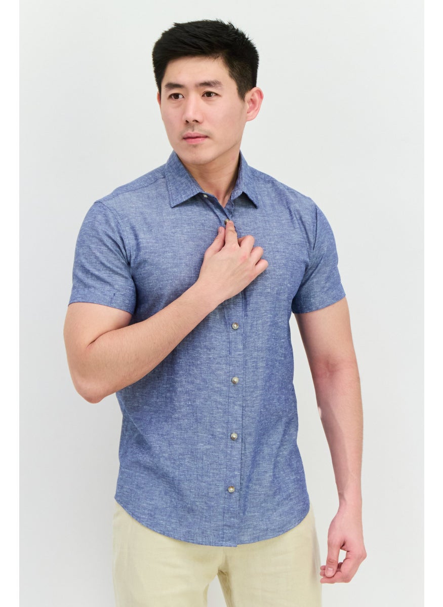 Men Regular Fit Solid  Short Sleeves Casual Shirt, Slate Blue