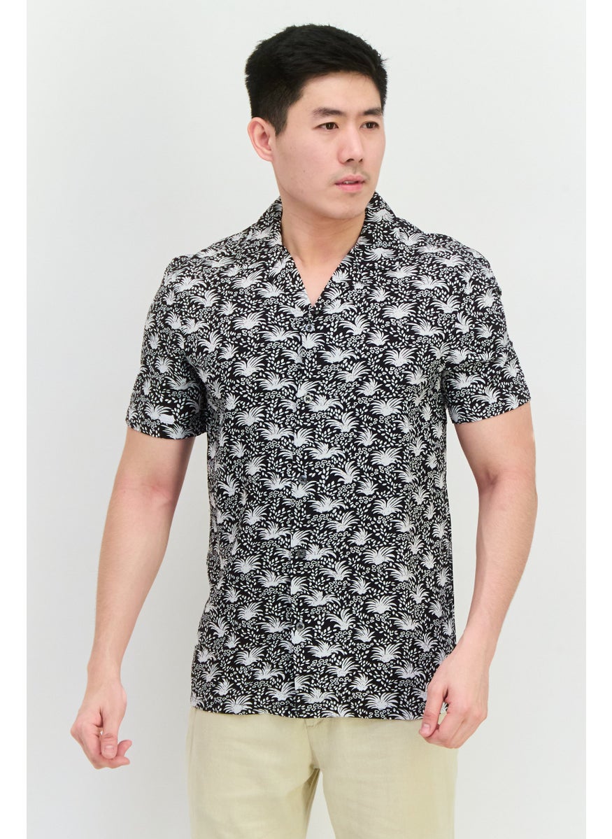 Men Regular Fit Allover Print Short Sleeves Casual Shirt, Black