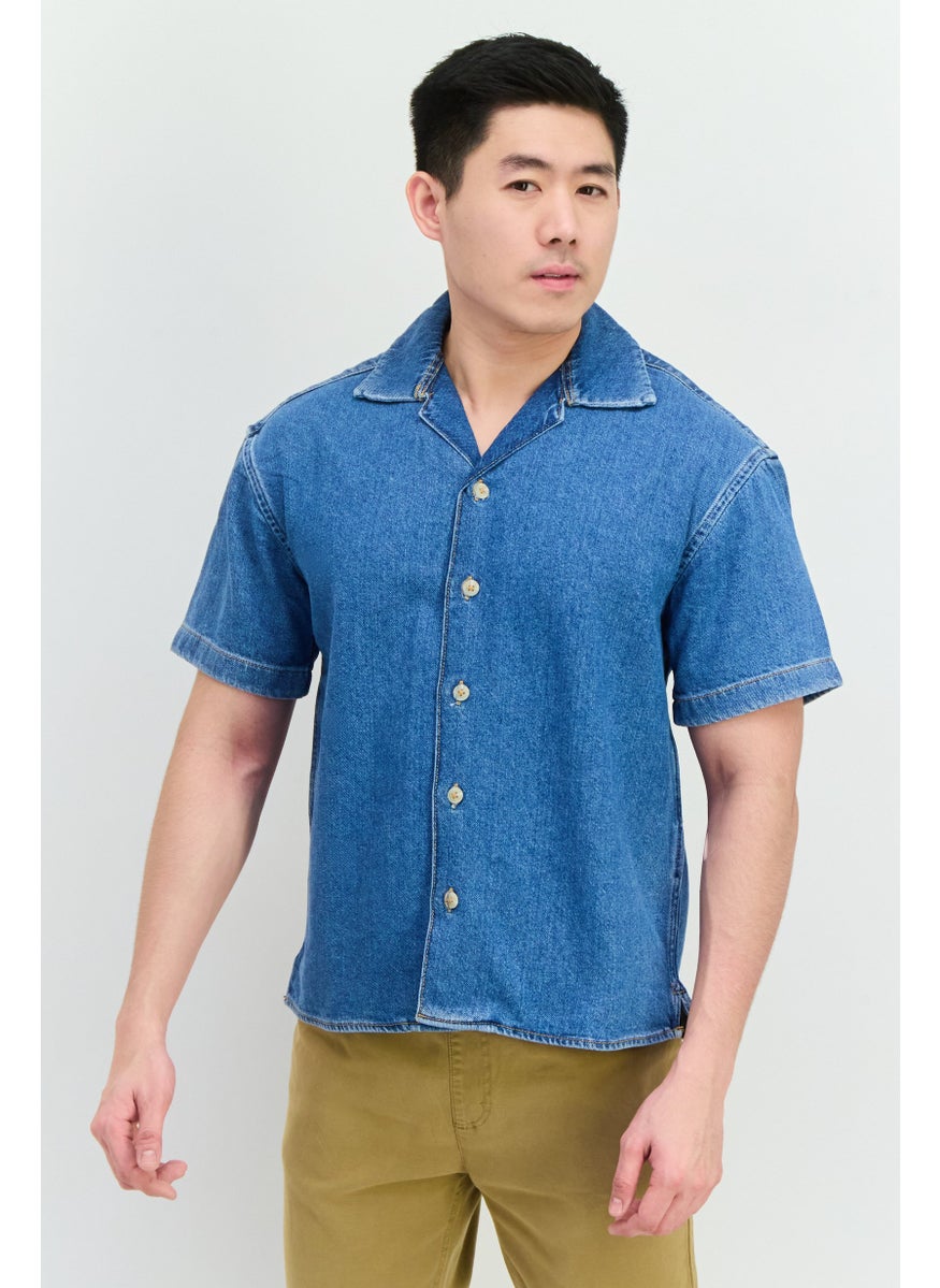 Men Regular Fit Solid Short Sleeves Denim Shirt, Blue