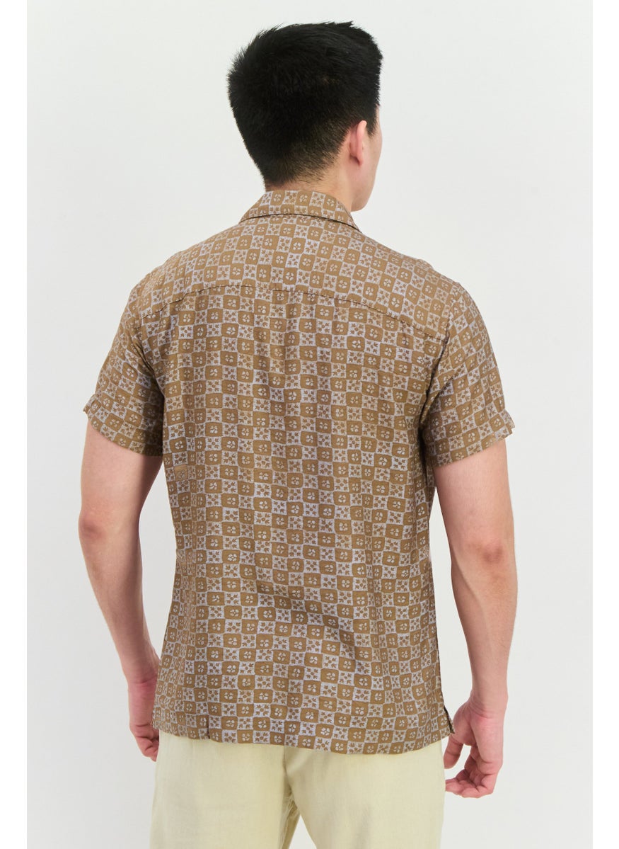 Men Comfort Fit Allover Printed Short Sleeves Casual Shirt, Sand Brown Combo