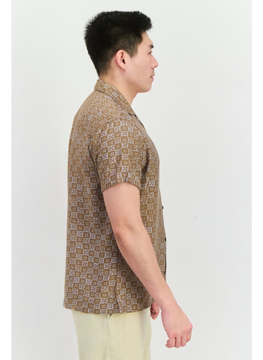 Men Comfort Fit Allover Printed Short Sleeves Casual Shirt, Sand Brown Combo