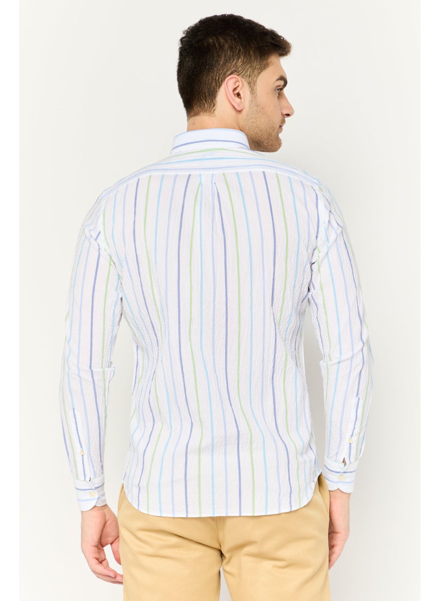 Men Regular Fit Stripe Long Sleeves Casual Shirt, White Combo