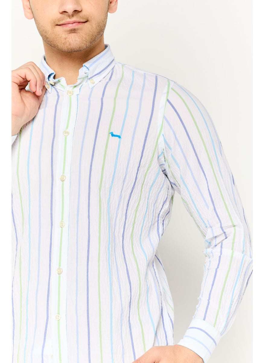 Men Regular Fit Stripe Long Sleeves Casual Shirt, White Combo