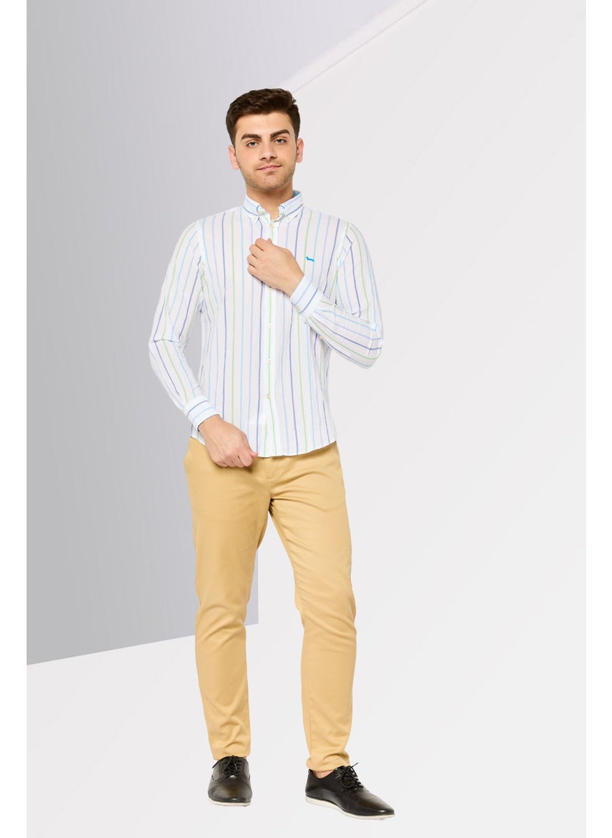 Men Regular Fit Stripe Long Sleeves Casual Shirt, White Combo