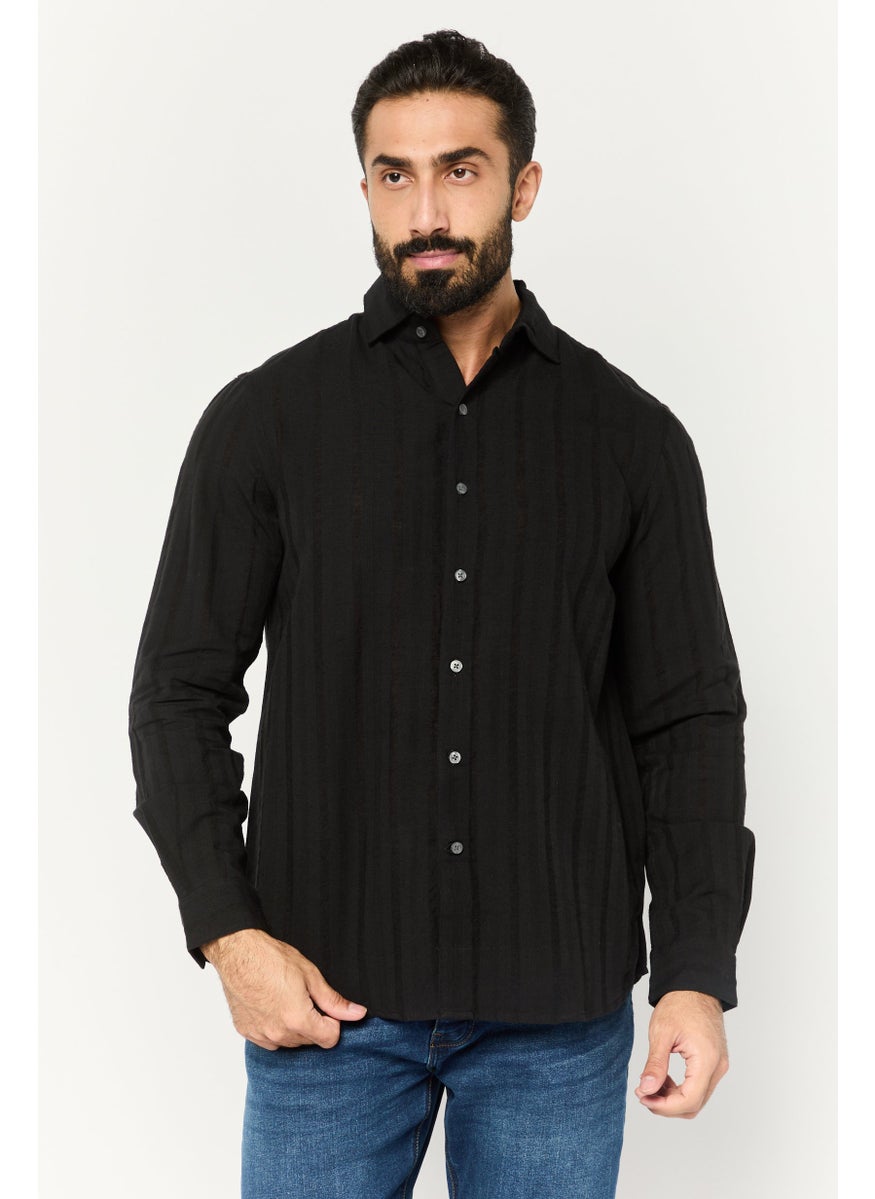 Men Regular Fit Stripe Long Sleeves Casual Shirt, Black