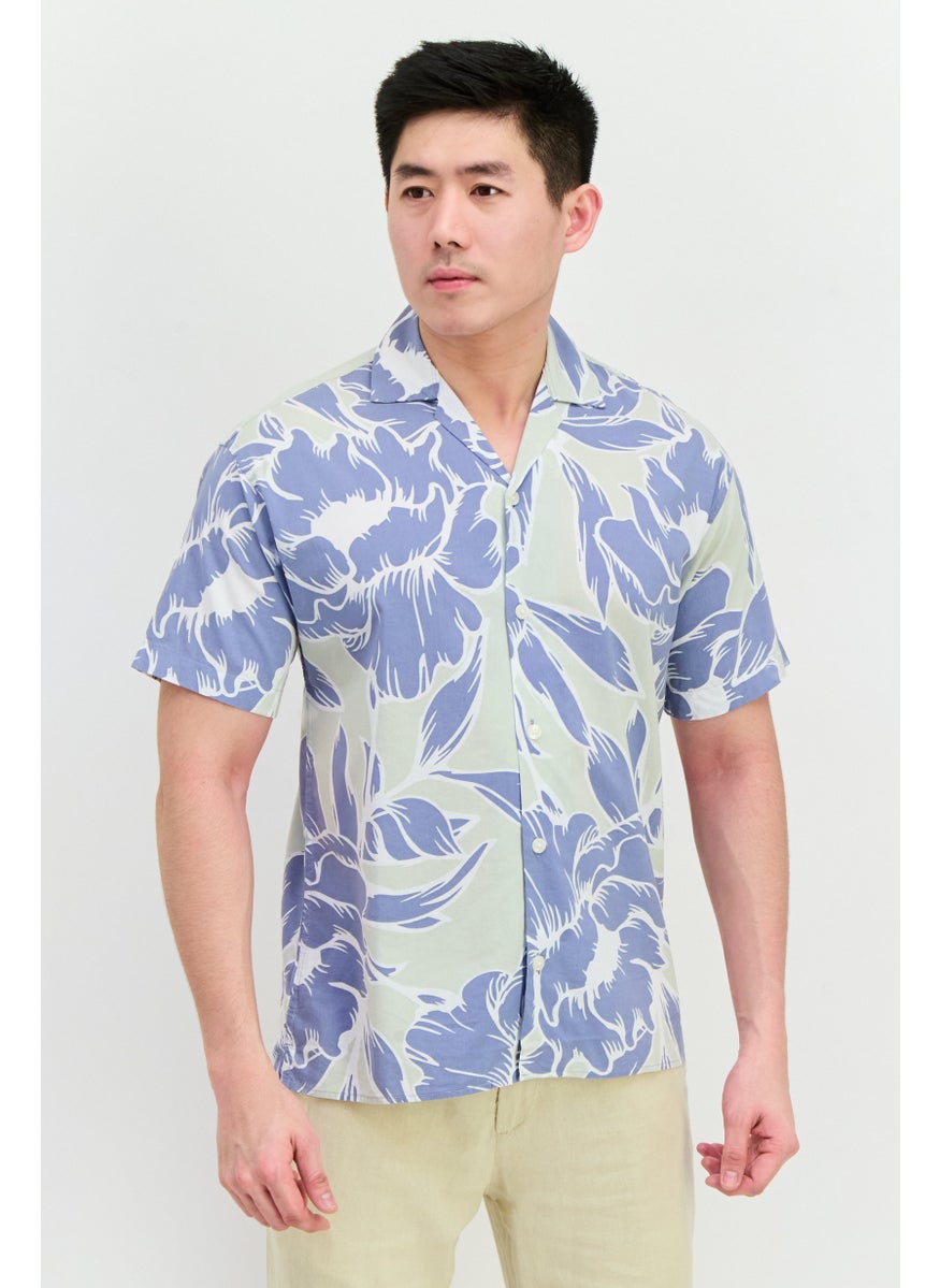 Men Relaxed Fit Floral Print Short Sleeves Casual Shirt, Slate Blue Combo